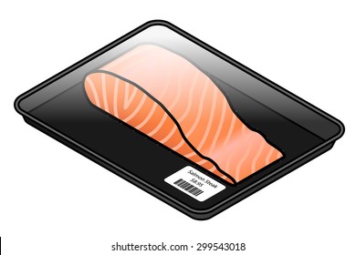 A cellophane-wrapped tray containing a salmon steak.