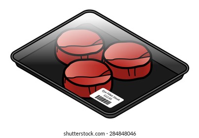 A cellophane-wrapped tray containing three eye fillet steaks.