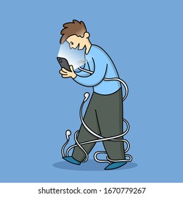 Adicto al celular. Feliz joven caminando mirando el teléfono en su mano con cables a su alrededor. Sobreutilización de teléfonos móviles por personas adictas. Ilustración vectorial plana, aislada en fondo azul.