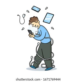 Cellphone addict. Happy young man walking staring on the phone in his hand with wires and gadgets around him. Mobile phone addiction. Flat vector illustration, isolated on white background.