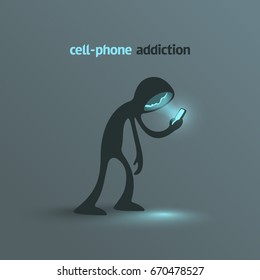 Cellphone addiction. Lonely figure slowly walks, stoops, focuses on the phone in a hand. Anthropomorphic silhouette of the urban hooded man. Metaphor for the mobile phone overuse by addicted people. 