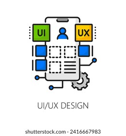 Cellphone app optimization, web software UI UX design develop, mobile application coding thin line icon. Mobile phone application, online service interface development line vector icon or pictogram