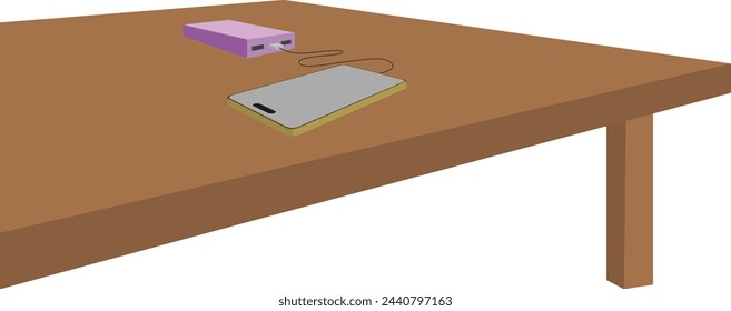 The cellphone is being charged using a power bank on the table. Smartphone charging with pink power bank.