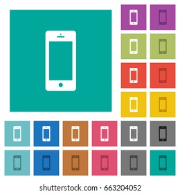 Cellphone with blank display multi colored flat icons on plain square backgrounds. Included white and darker icon variations for hover or active effects.