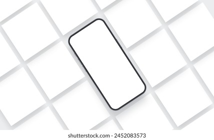 Cellphone With Blank Screen And Square Social Media Posts Mockup. Vector Illustration