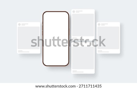 Cellphone with blank social media post templates for showing mobile content and design
