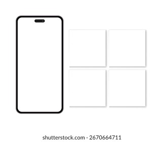 Mobiltelefon mit leeren quadratischen Vorlagen auf dem Bildschirm, Vektorgrafik für Social Media Post Design Content Layout Präsentation und Online-Promotion.