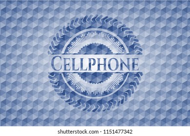 Cellphone blue emblem or badge with abstract geometric polygonal pattern background.