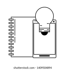 cellphone with book and light bulb icon cartoon vector illustration graphic design black and white