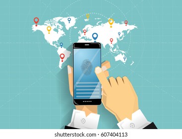 Cellphone Business Communicate, Modern design Idea and Concept Vector illustration  with Fingerprint,World map.

