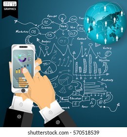 Cellphone Business Technology Communication World Success modern design Idea and Concept Vector illustration with Lined pattern,graph,arrow,icon.