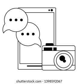 cellphone with camera and speech bubble in black and white