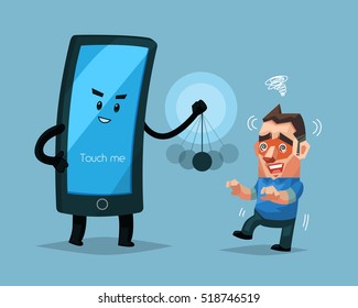 Cellphone character hypnotizes a man, Sign and symbol vector illustration.