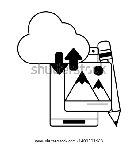 cellphone with cloud transfer pencil icon cartoon vector illustration graphic design black and white
