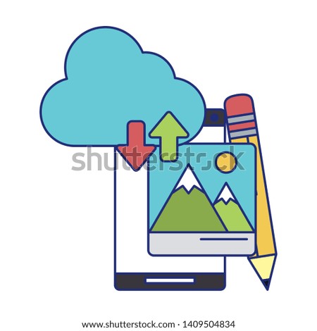 cellphone with cloud transfer pencil icon cartoon vector illustration graphic design