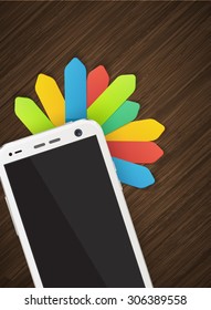 Cellphone with colorful stickers on wooden background vector illustration