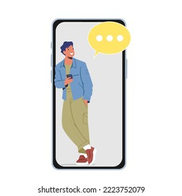 Cellphone Communication Concept. Smiling Male Character Speak by Cellphone. Teenager with Gadget, Student Chatting by Smartphone, Man with Mobile Phone and Speech Bubble. Cartoon Vector Illustration