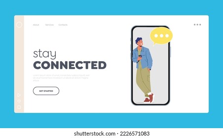 Cellphone Communication Landing Page Template. Smiling Male Character Speak by Cellphone. Teenager with Gadget, Student Chatting by Smartphone, Man with Mobile Phone? Cartoon Vector Illustration