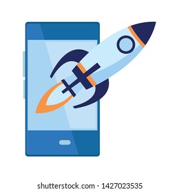 cellphone communication mobile with rocket and fire in the back size icon cartoon