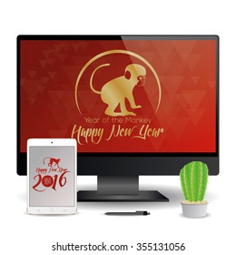 A cellphone and a computer screen with chinese new year screensavers