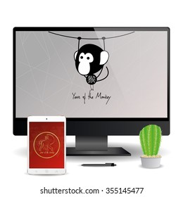 A cellphone and a computer screen with chinese new year screensavers