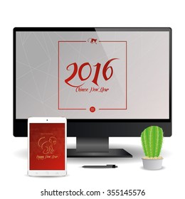 A cellphone and a computer screen with chinese new year screensavers