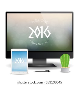 A cellphone and a computer screen with new year screensavers
