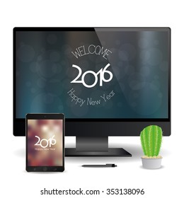 A cellphone and a computer screen with new year screensavers