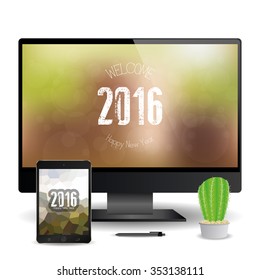 A cellphone and a computer screen with new year screensavers