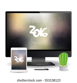 A cellphone and a computer screen with new year screensavers