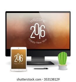 A cellphone and a computer screen with new year screensavers