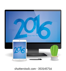 A cellphone and a computer screen with new year screensavers
