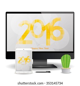 A cellphone and a computer screen with new year screensavers