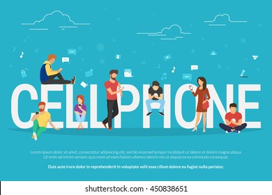 Cellphone concept illustration of young people using smartphones for social networking and websites usage. Flat design of guys and young women standing near big letters with social media symbols