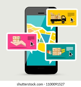 Cellphone with Delivery Service App. Vector Illustration of Parcels, Van and Mobile Phone Application with Map Tracking Order.