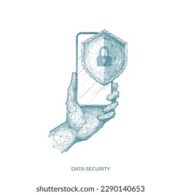 Cellphone in a digital hand. Data security concept. Abstract human hand holding smartphone with shield and padlock on screen. Online protect and cyber security. Low poly wireframe vector illustration.