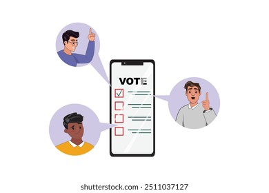 Teléfono móvil mostrando Voto con Casillas de verificación, discursos de burbujas mostrando hombres, elección, concepto de votación.