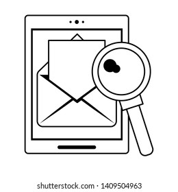 cellphone with documents and magnifying glass icon cartoon vector illustration graphic design black and white