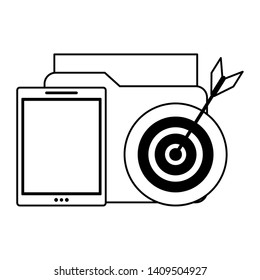 cellphone with documents and target icon cartoon vector illustration graphic design black and white