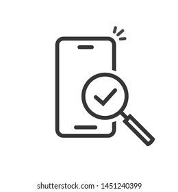 Cellphone examine or mobile phone inspection with magnifying glass on screen vector icon, line outline art smartphone successful searching or device connection, exploration test or research symbol