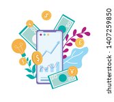Cellphone with Financial Charts Graphs Make Money Online Smartphone Vector Flat Illustration Capital Flow Earning Financial Savings Ecommerce Stock Trading Mobile Application Effective Profitable Idea