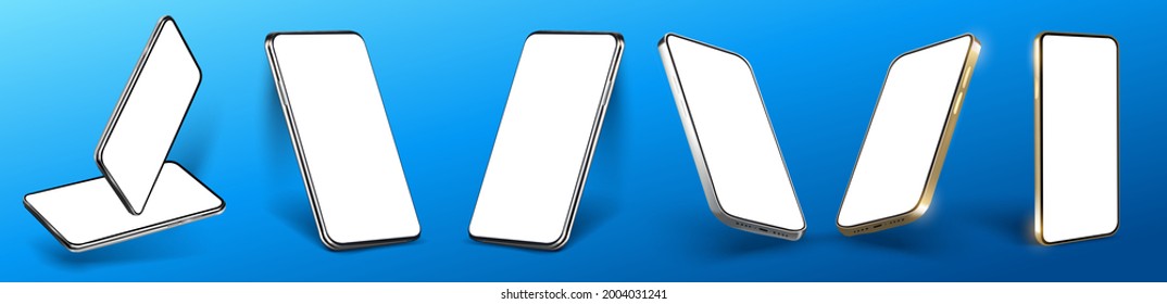 Cellphone frame with blank display isolated templates, phone different angles views. Mockup smartphone device collection with thin frame and blank screen isolated. Vector template app or ux design