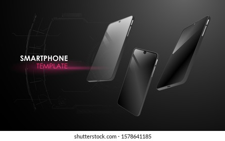 Cellphone frame with blank display. Smartphone perspective view. Template for concept presentation UI.