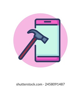 Cellphone and hammer line icon. Shock resistant phone, gavel, tool outline sign. Phone repair, service, breakdown concept. Vector illustration, symbol element for web design and apps