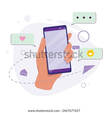 Cellphone in hand with emoji, heart, message, paper plane, envelope, and abstract circles around
