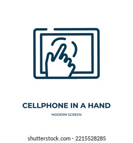 Cellphone in a hand icon. Linear vector illustration from modern screen collection. Outline cellphone in a hand icon vector. Thin line symbol for use on web and mobile apps, logo, print media.