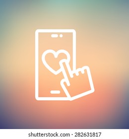 Cellphone with heart icon thin line for web and mobile, modern minimalistic flat design. Vector white icon on gradient mesh background.