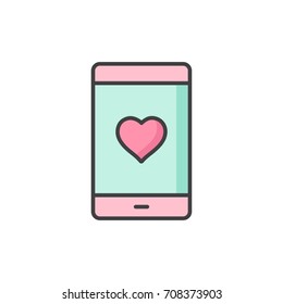 Cellphone with heart on the screen flat colored line icon