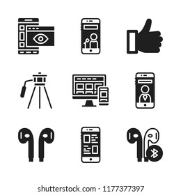 cellphone icon. 9 cellphone vector icons set. earphones, tripod and responsive icons for web and design about cellphone theme