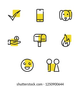 Cellphone icon with hand money, tick, emoji symbols. Set of vote, done, emoji icons and charity concept. Editable vector elements for logo app UI design.